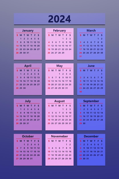 写真 2024年のクラシックなカラフルな毎月のカレンダー ミニマリストの正方形のスタイルのカレンダー