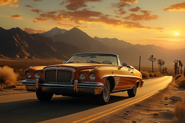 A classic convertible roaring down a dusty desert road Generative AI