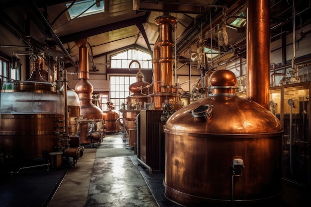 Classic copper whisky stills in a traditional distillery created with generative ai