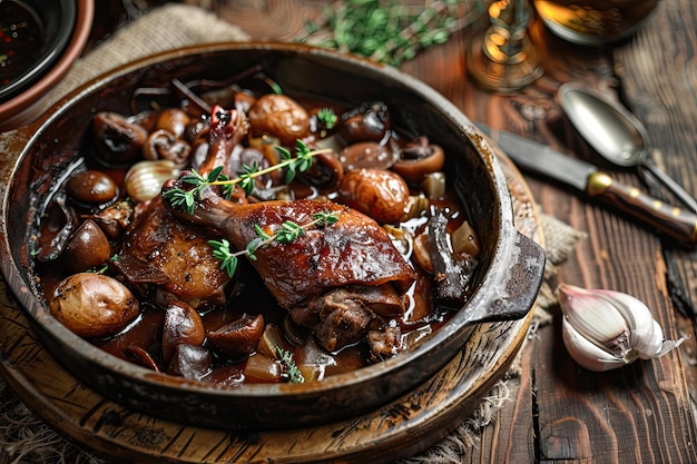 Photo classic coq au vin stew with tender chicken mushrooms and onions garnished with fresh herbs in a rustic setting