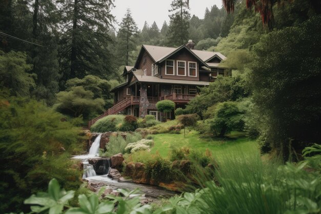 写真 豊かな緑に囲まれ、背景に滝が見える古典的な職人の家