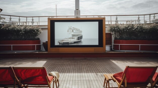 Classic cruise ship cinema screen set against art deco luxury