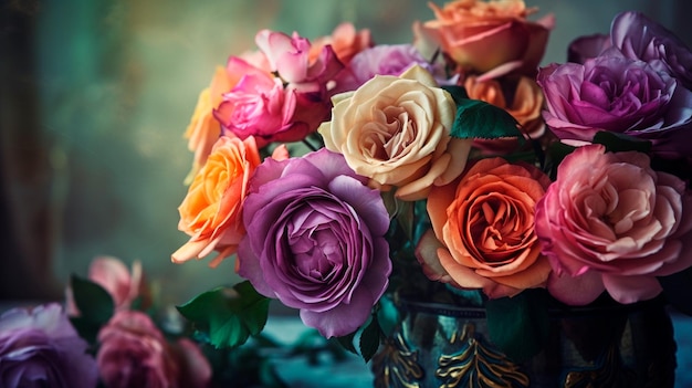 Classic deep colorful roses bouquet on blurred background Generative AI