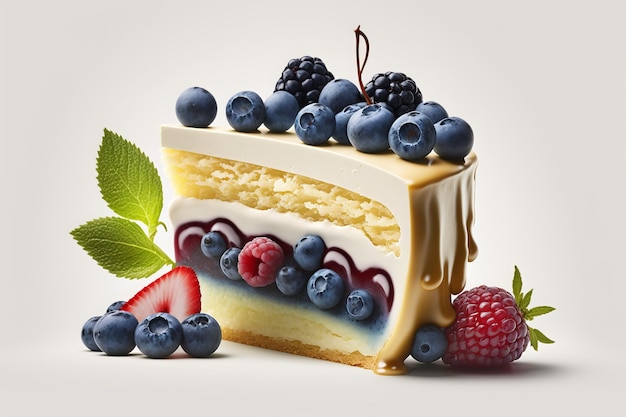 classic dessert composition, slice of delicious cake, few raspberries and blueberries, on white back