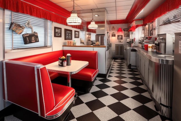 Classic diner booth with checkered floor created with generative ai