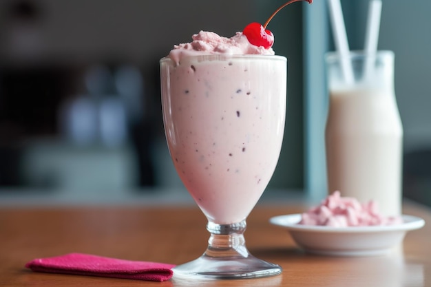 Classic diner milkshake with cherry on top created with generative ai