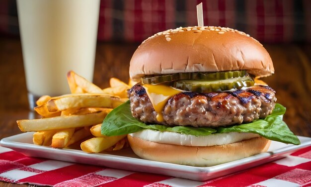 A classic dinerstyle burger with many ingredients served on a retro checkered tablecloth