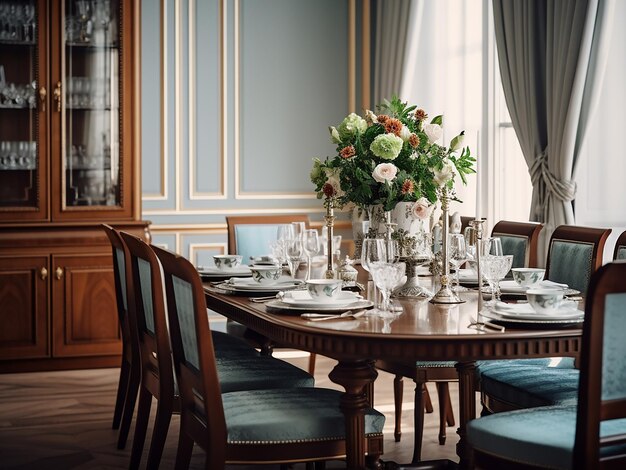 Foto il design classico della sala da pranzo crea l'ambiente ideale per la cena