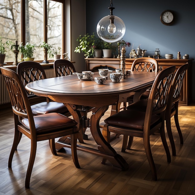 a classic dining table with slightly rounded corners and chairs that have an antique appearance