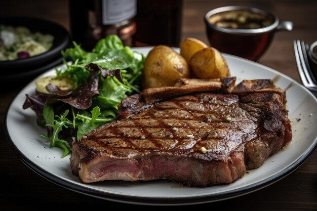 Classic dinner of steak and potatoes with green salad on the side