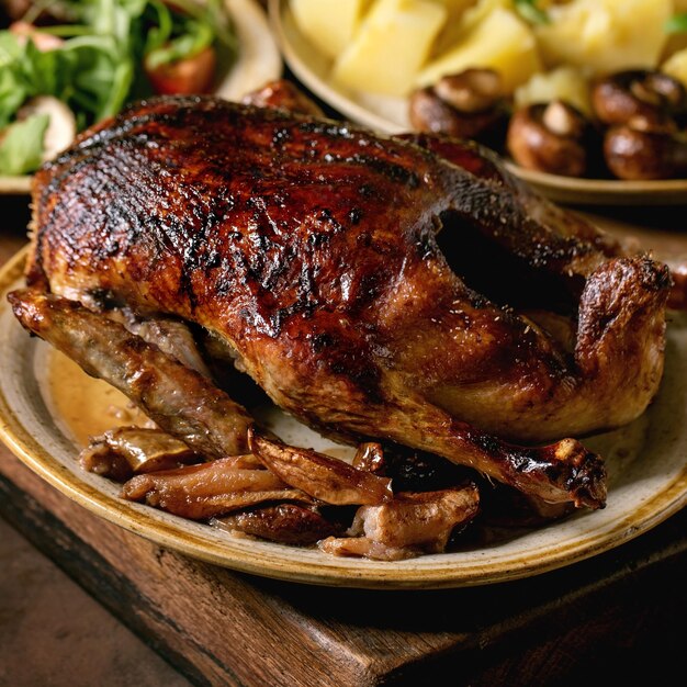 Classic dish roasted glazed duck with apples and garnish