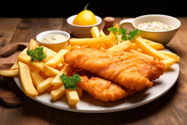 Photo classic duo fish and chips served alongside golden french fries