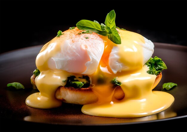 Classic egg benedict on black plate ai generated