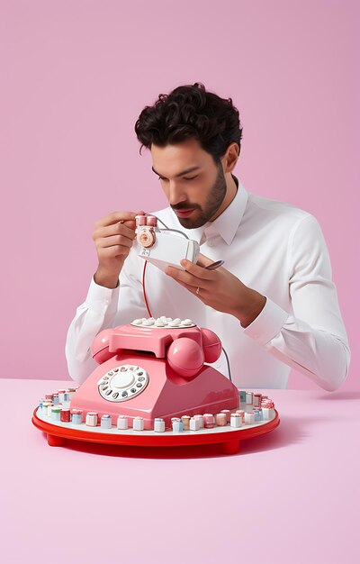 Classic elegance gentleman posing gracefully with a landline phone