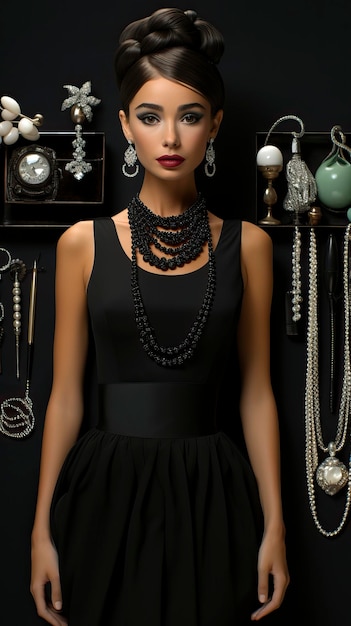 A classic and elegant Audrey Hepburn lookalike in a chic black dress and pearls