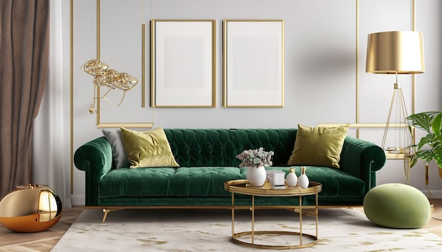 Classic elegant luxury green velvet sofa living room interior