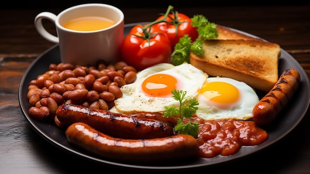 Классический английский завтрак с жареными яйцами, колбасами, запеченными бобами и жареными помидорами.