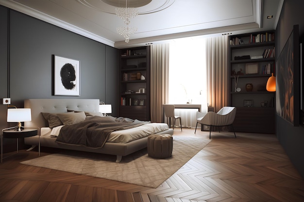 高級住宅のモダンなベッドを備えたクラシックな英国スタイルの寝室のインテリア生成 AI コンテンツ