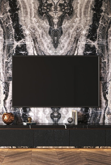 사진 고급스러운 럭셔리 어두운 tv 벽 모형은 회색 돌과 옷장과 함께 현대적인 인테리어 거실과 대리석 회색 배경 3d 렌더링 고품질 3d 일러스트레이션