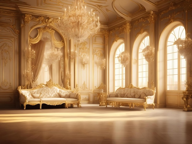 A classic extravagant European style palace room with gold decorations wide format Hand edited