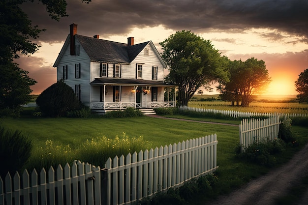 Classic farmhouse surrounded by lush green lawn with old picket fence and a view of the sunset