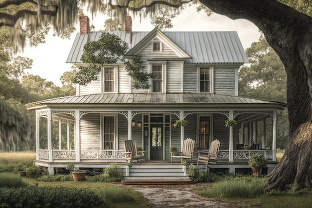 Classic farmhouse with wraparound porch and rocking chairs