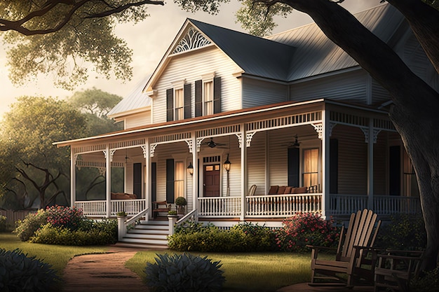 Classic farmhouse with wraparound porch and rocking chairs
