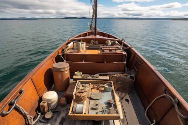 Classic fishing boat with tackle box and rods on deck created with generative ai