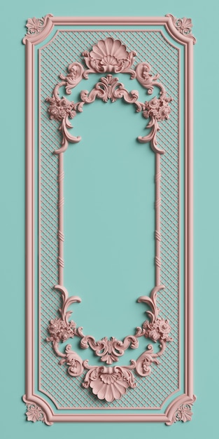 Classic frame with ornament decor in pastel pink color on pastel mint blue wall