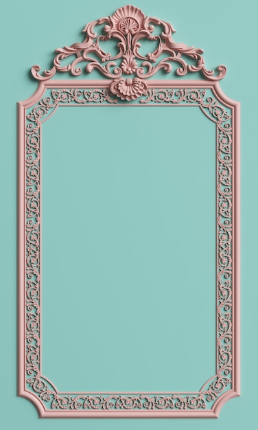 Photo classic frame with ornament decor in pastel pink color on pastel mint blue wall