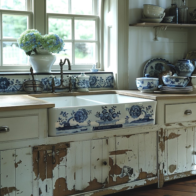 Photo classic french country kitchen with blue and white porcelain and farmhouse sinkupk hd