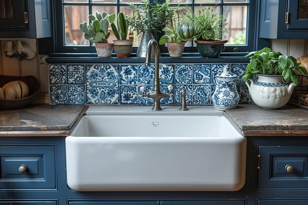 Classic french country kitchen with blue and white porcelain and farmhouse sinkupk hd