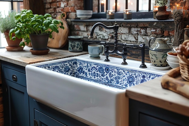 Classic french country kitchen with blue and white porcelain and farmhouse sinkupk hd