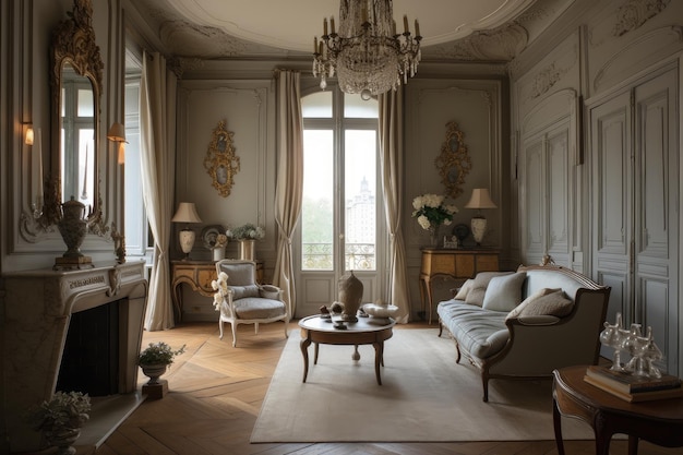 生成 AI で作成された精巧な家具やアクセサリーを備えたクラシックなフランスのインテリア