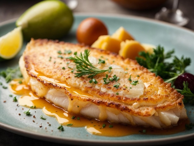 Classic French Sole meuniere sol filets are cooked and served in a rich buttery sauce Food photog
