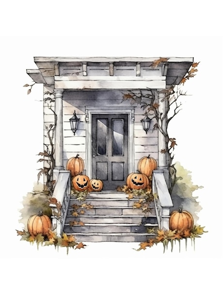 Classic front door with porch and stairs decorated with fall Halloween pumpkins autumn holiday concept Hand drawn watercolor illustration