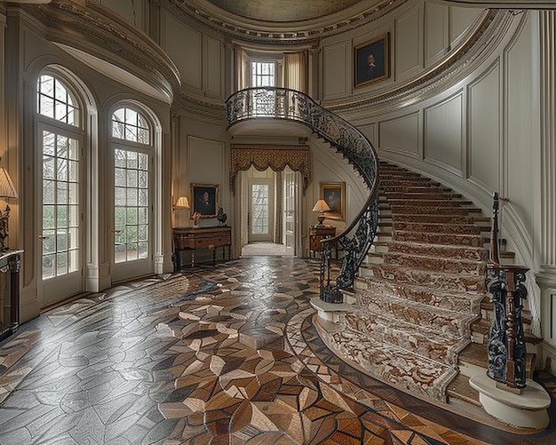 Photo classic georgianstyle foyer with a grand staircase and detailed moldings