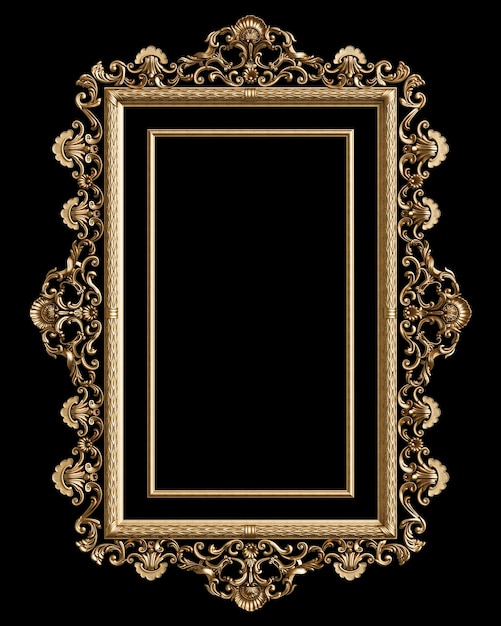 Classic golden frame with ornament decor isolated on black background. Digital illustration. 3d rendering