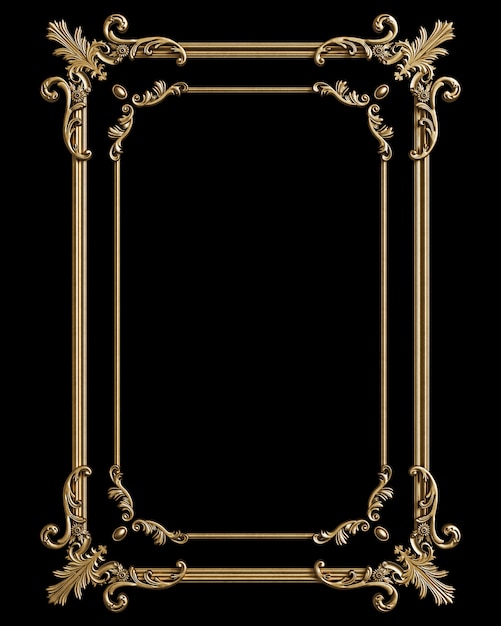 Classic golden frame with ornament decor isolated on black background