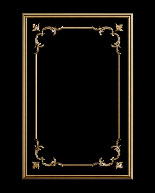 Classic golden frame with ornament decor isolated on black background