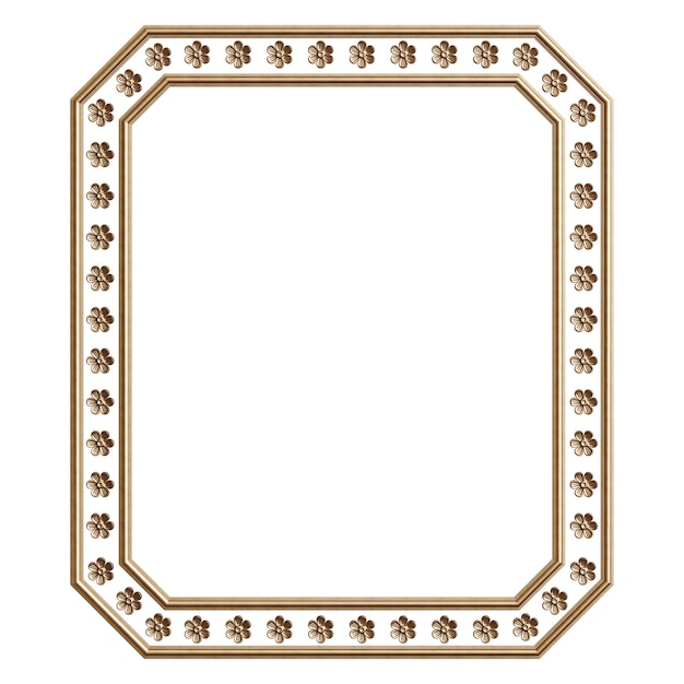 Classic golden frame with ornament decor isolated on white background. Digital illustration. 3d rendering