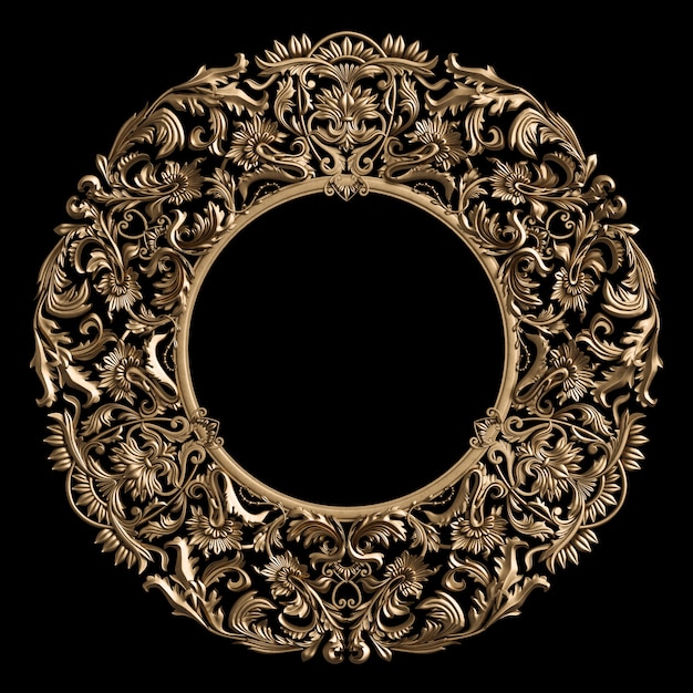 Photo classic golden round frame with ornament decor  on black wall