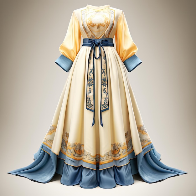 Classic gothic wedding dress with blue and gold pattern