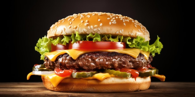 Classic Gourmet Cheeseburger on Wooden Table with Fresh Lettuce Grilled Beef and Cheddar Cheese A Delicious American Fast Food Meal