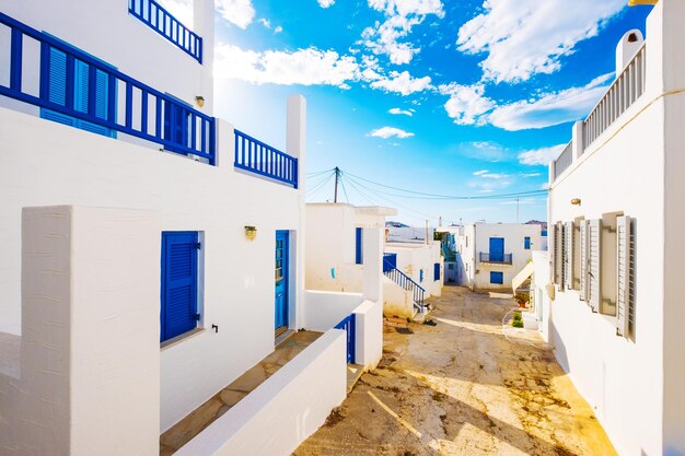 Classic greek street at bright day under blue sky