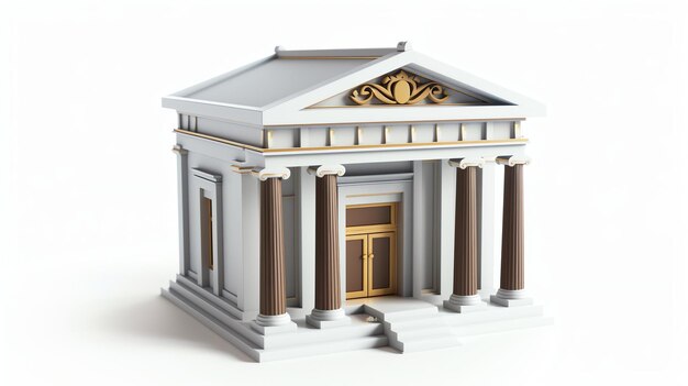 A classic Greek temple with a triangular pediment supported by six Ionic columns