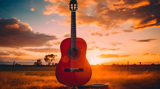 Photo classic guitar against a sunset backdrop