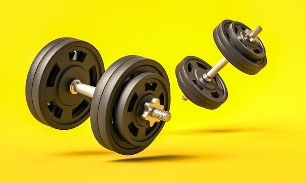 Classic gym dumbbells on a yellow background