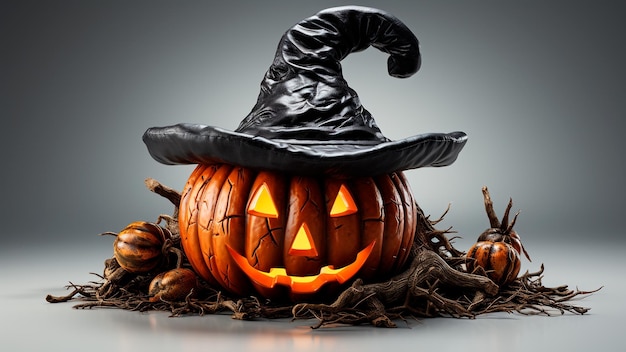 Classic Halloween lantern with a witch hat Iconic pumpkin Generative AI