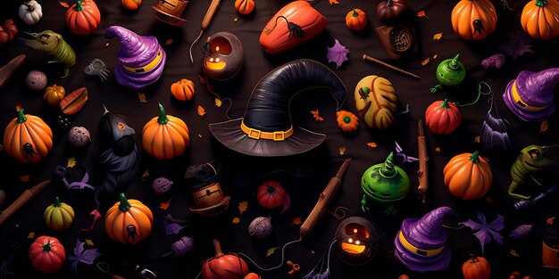Photo classic halloween symbols like black cats witches' hats broomsticks generative ai
